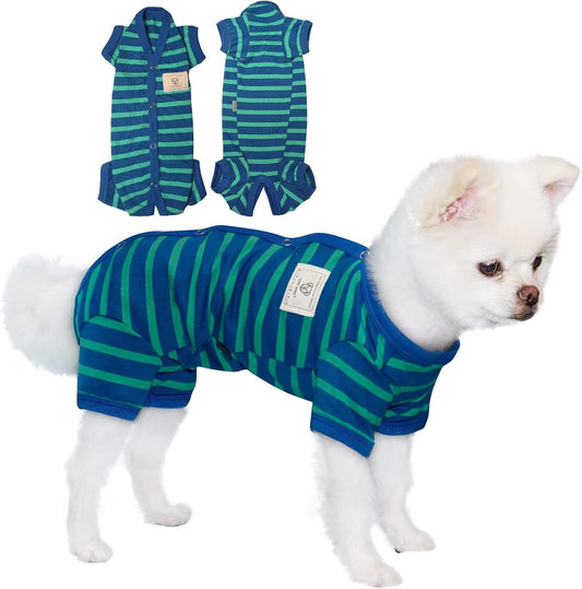 TONY HOBY Dog Pajamas for Medium Small Dogs, Dog Jumpsuit with Stripes 4 Legged Pajamas, Soft Dogs Pet Clothes (Blue&Green, Girl,M)