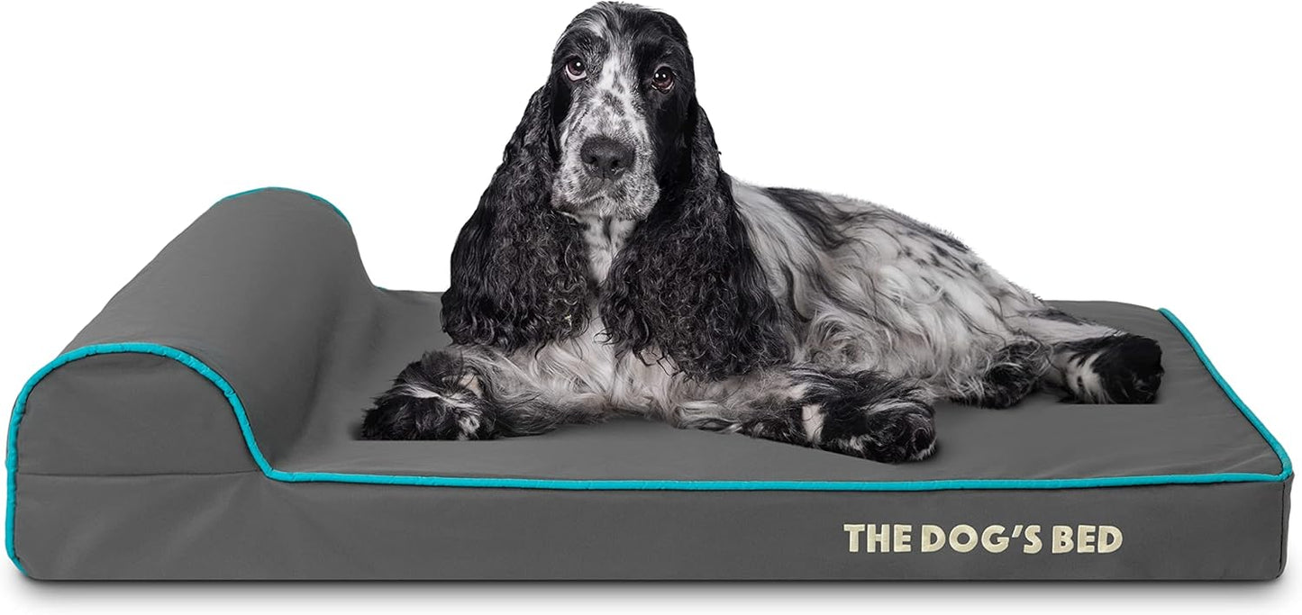 The Dog’s Bed Orthopedic Headrest Dog Bed Med Grey/Blue 34x22, Memory Foam, Pain Relief: Arthritis, Hip & Elbow Dysplasia, Post Surgery, Lameness, Veterinary Approved, Waterproof Washable Cover