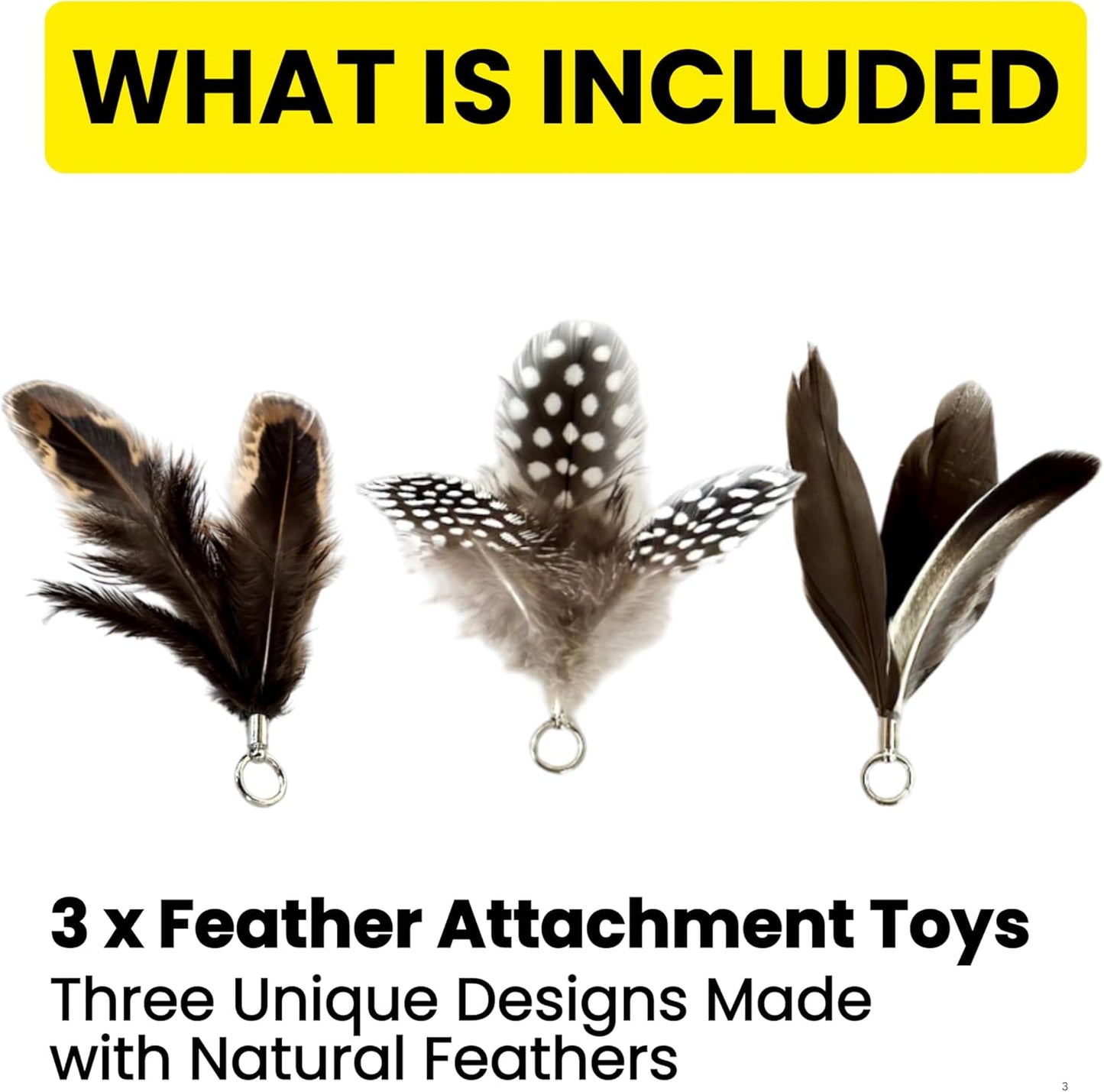 Feather Toys Replacements (3 Pc) - Cat Toys & Kitten Toys for Indoor Kittens, Set of Replacement Feather Attachments Extra Small and Durable, for Cat Wands, Natural and Safe