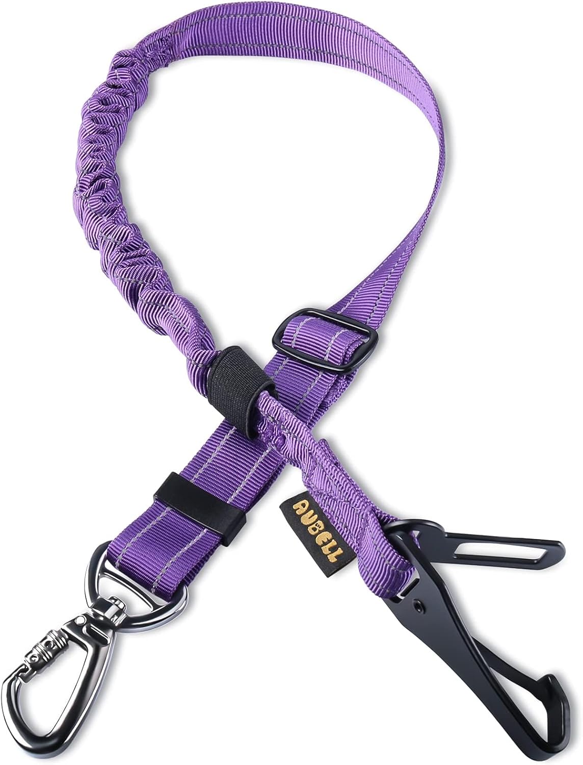 AUBELL Dog Seat Belt for Car,Updated 3-in-1 Adjustable Reflective Bungee Heavy Duty Dog Car Harness Tether with Clip Hook Latch & Buckle,Swivel Zinc Alloy Carabiner,Purple