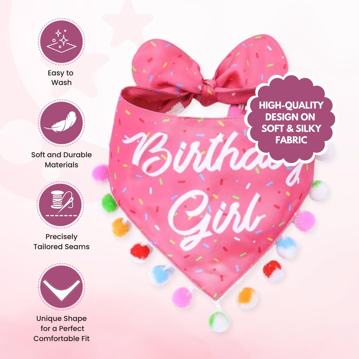 LunaMarie - Luxury Pet Birthday Bandanas -Premium & Silky Poly Fabric | 100% Handmade | Custom Shape Dual Layered (Birthday Girl, X-Small)