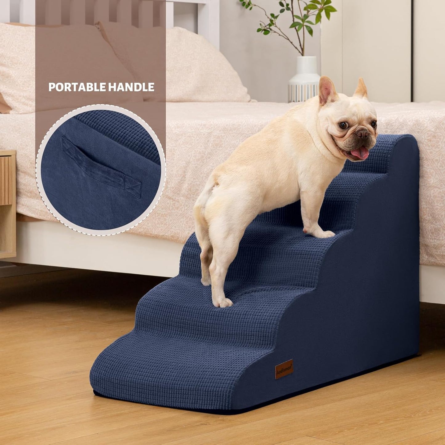 5-Step Dog Stairs and Ramp for High Bed, Non-Slip Sturdy Pet Steps for Small Dogs and Cats,22.2" H,Blue