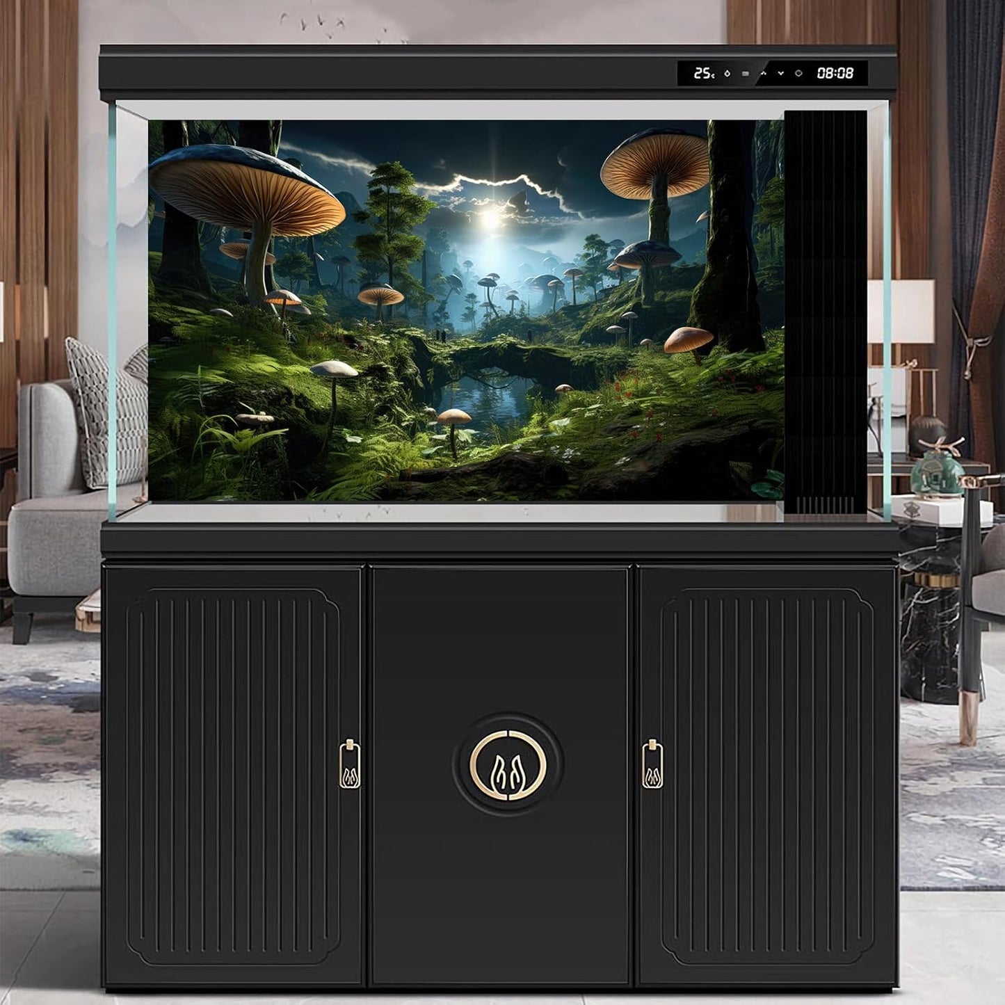 Fantasy Mushrooms Landscape Aquarium Background Tranquil Stream Cloudy Sky Terrarium Background Lush Green Tropical Plants Trees Fish Tank Backdrop Decoration Tank Background Poster 36x24in