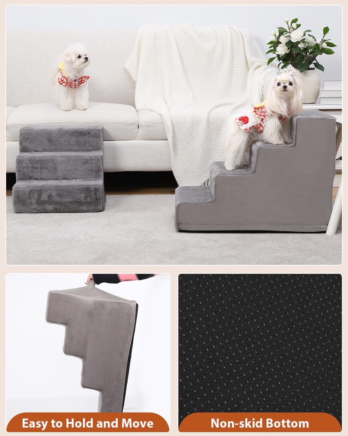 Dog Stairs for Small Dogs,22" 5-Step Pet Stairs for High Beds and Couches，Dog Steps with Non-Slip Bottom and High-Density Foam Indoor Outdoor,Grey