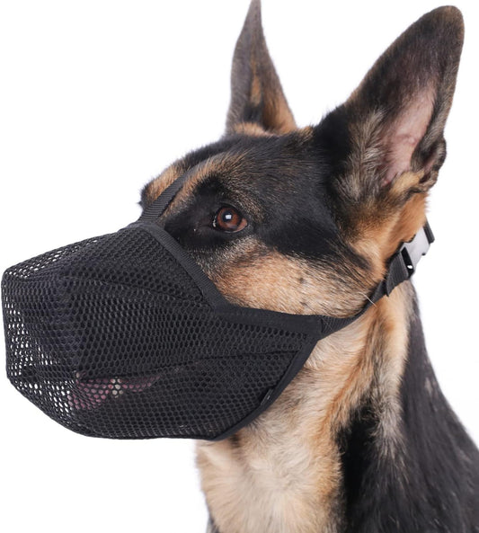 Mayerzon Dog Muzzle, Patented Soft Mesh Muzzle for Small Medium Large Dogs for Scavenging Biting Licking and Chewing, Allows to Pant and Drink (L, Black)