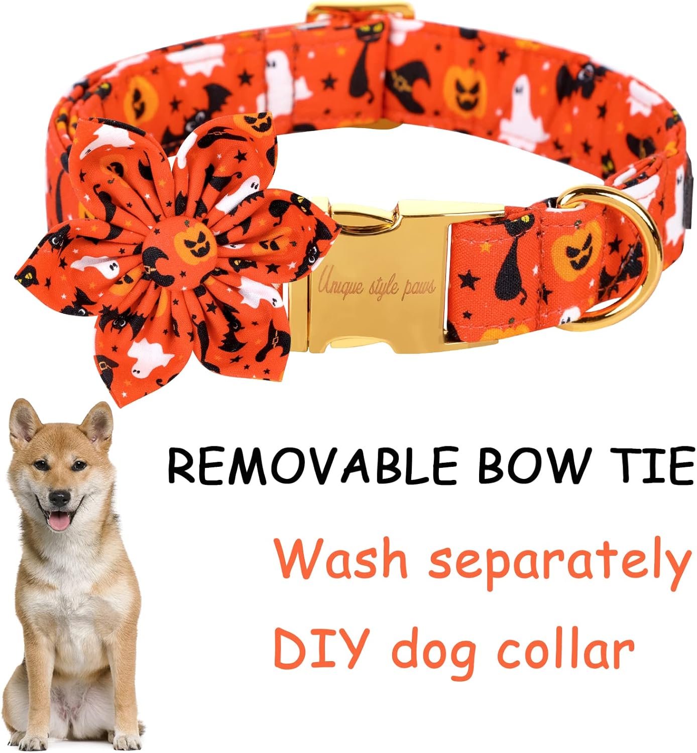 Unique style paws Halloween Dog Collar with Flower Tie Cotton Adjustable Puppy Collar for Small Medium Large Dogs-XL