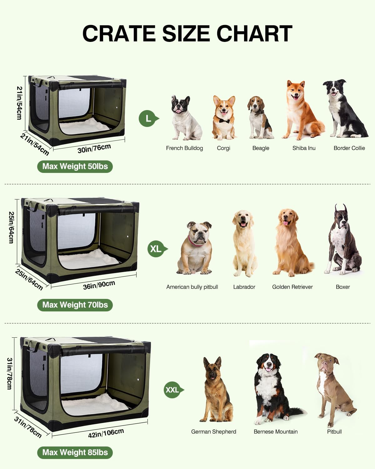 36 Inch Collapsible Travel Dog Crate for Medium Large Dogs, Portable Dog Crate 4-Door Foldable Soft Kennel with Durable Mesh Windows for Indoor & Outdoor Travel, with Storage Bag,Green