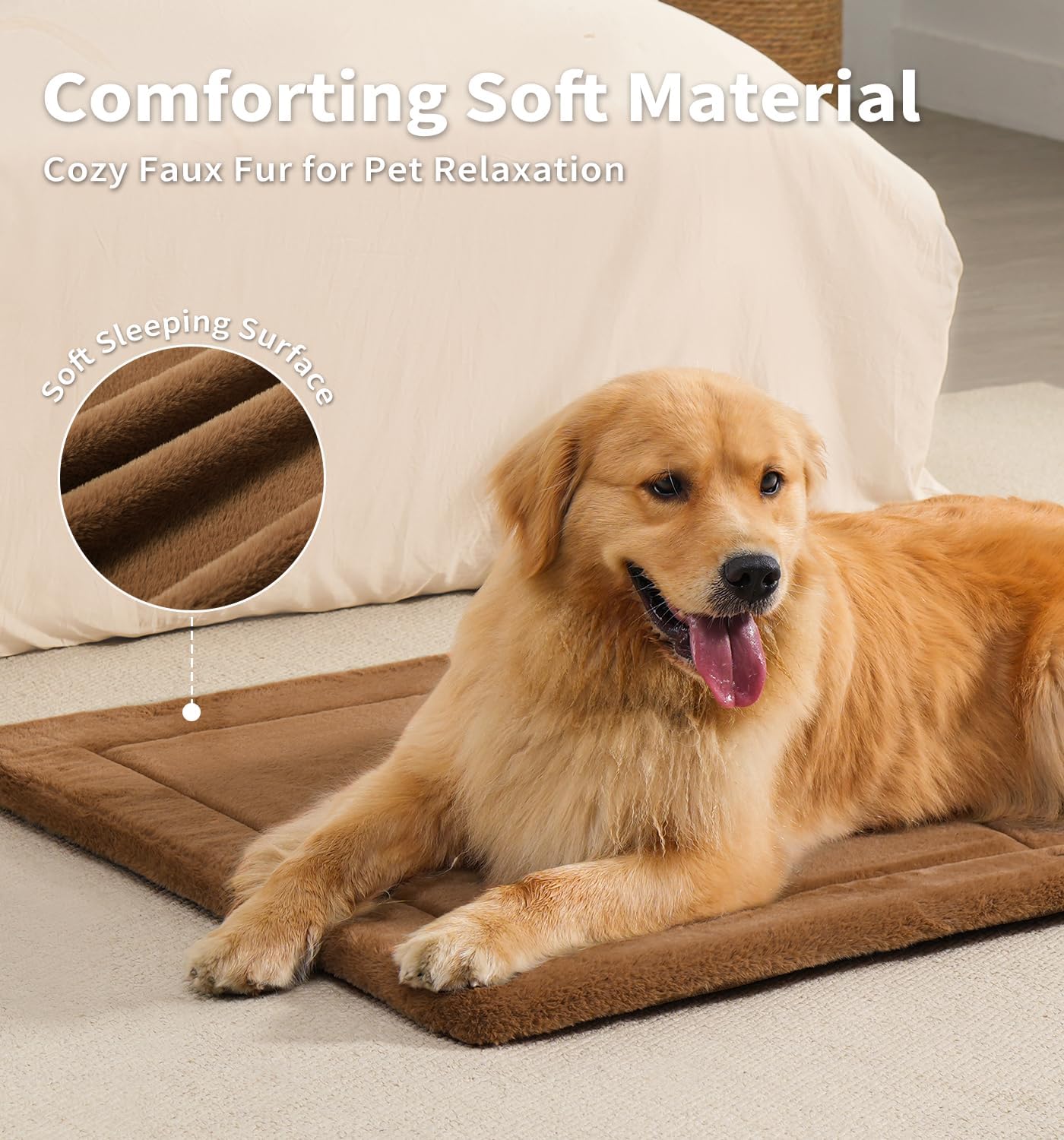 Made4Pets Dog Crate Pad Bed for Large Dogs, Washable & Reversible, Anti-Slip Kennel Mat for Cozy Sleeping, Soft Fluffy Dog Bed for Indoor & Outdoor Use, 44"x32", Brown