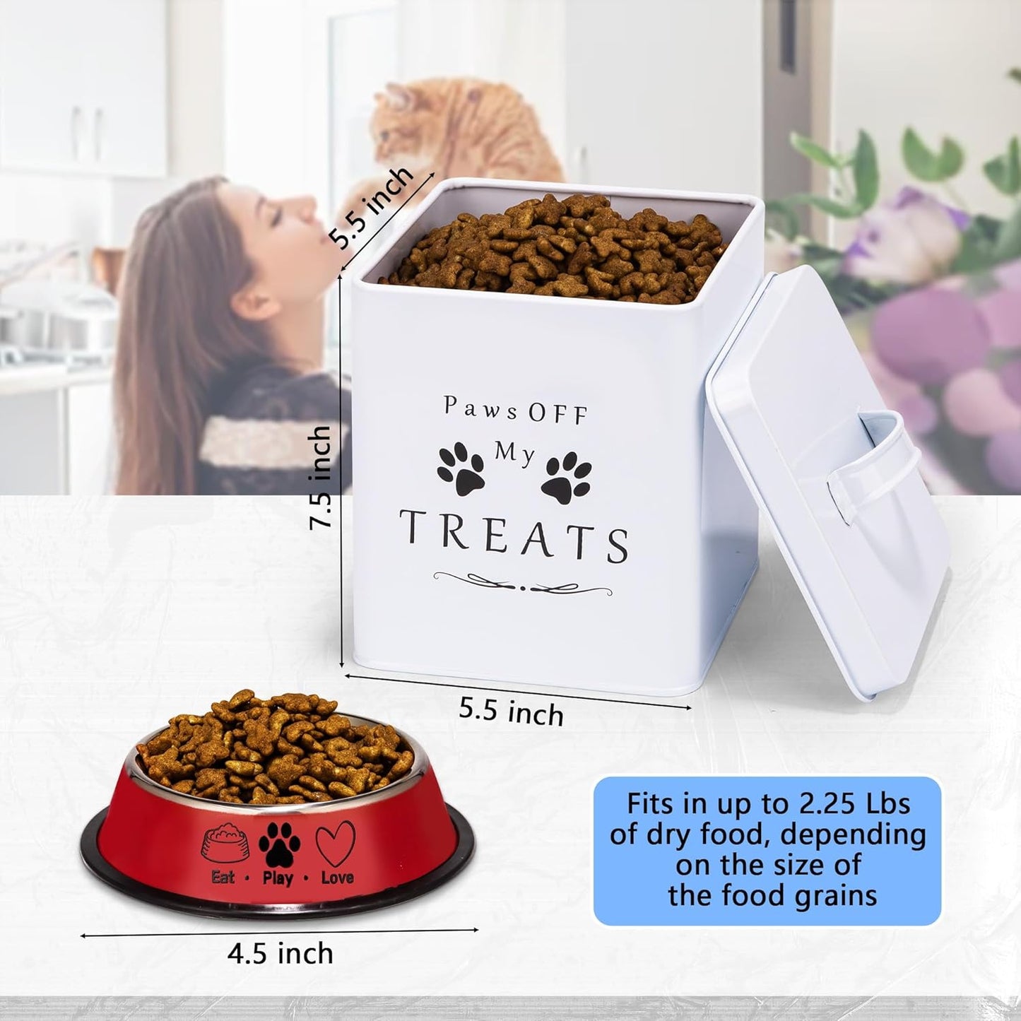 Meraki Home Farmhouse Cat Food and Treats Containers + Feed Scoop + Pet Food Bowl - Tight Lids - Large Metal Storage Bin - Great Gift for Cute Pets (Glossy White)
