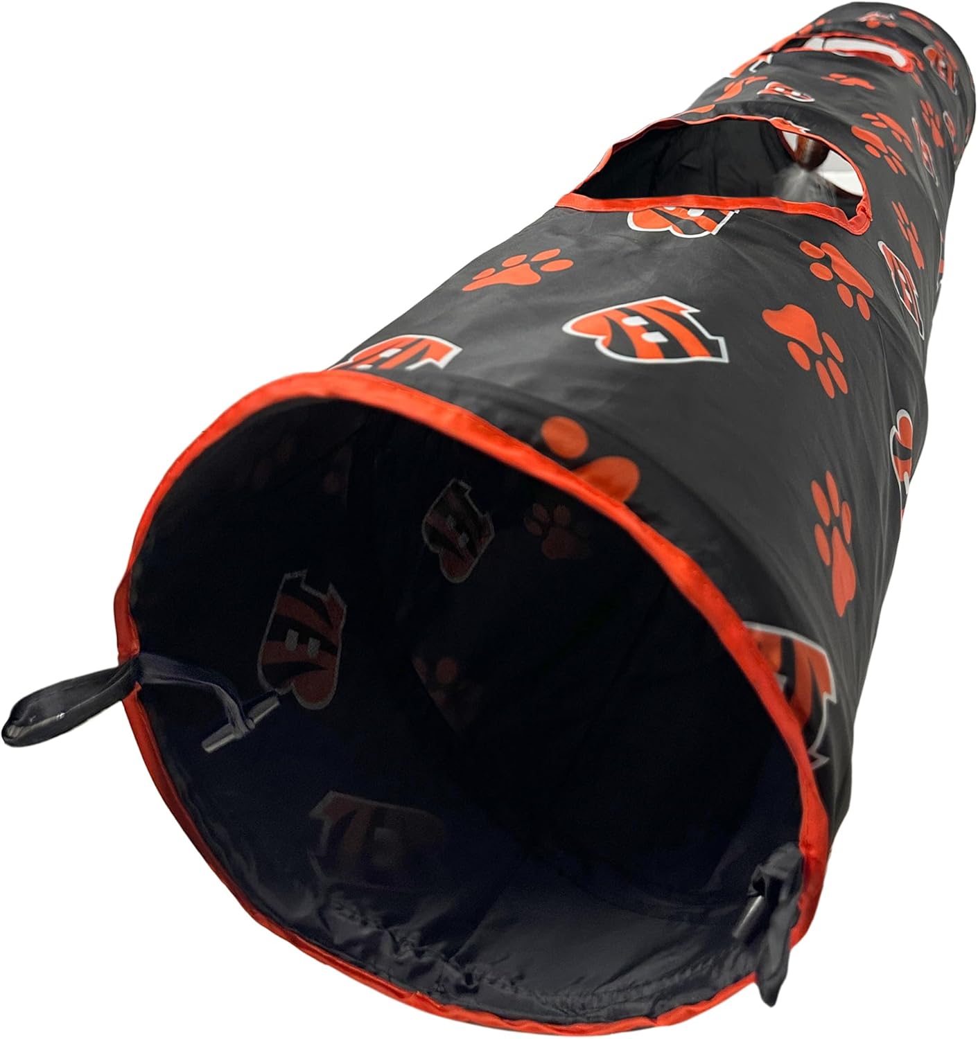 NFL Cincinnati Bengals Cat Tunnel Tube Toy with Plush Football Catnip and Feathers Collapsible Tunnel for Cats to Play, Peek and Hide, Sporty & Fun Cat Tunnel Toy with Team Logo All-Over Design!
