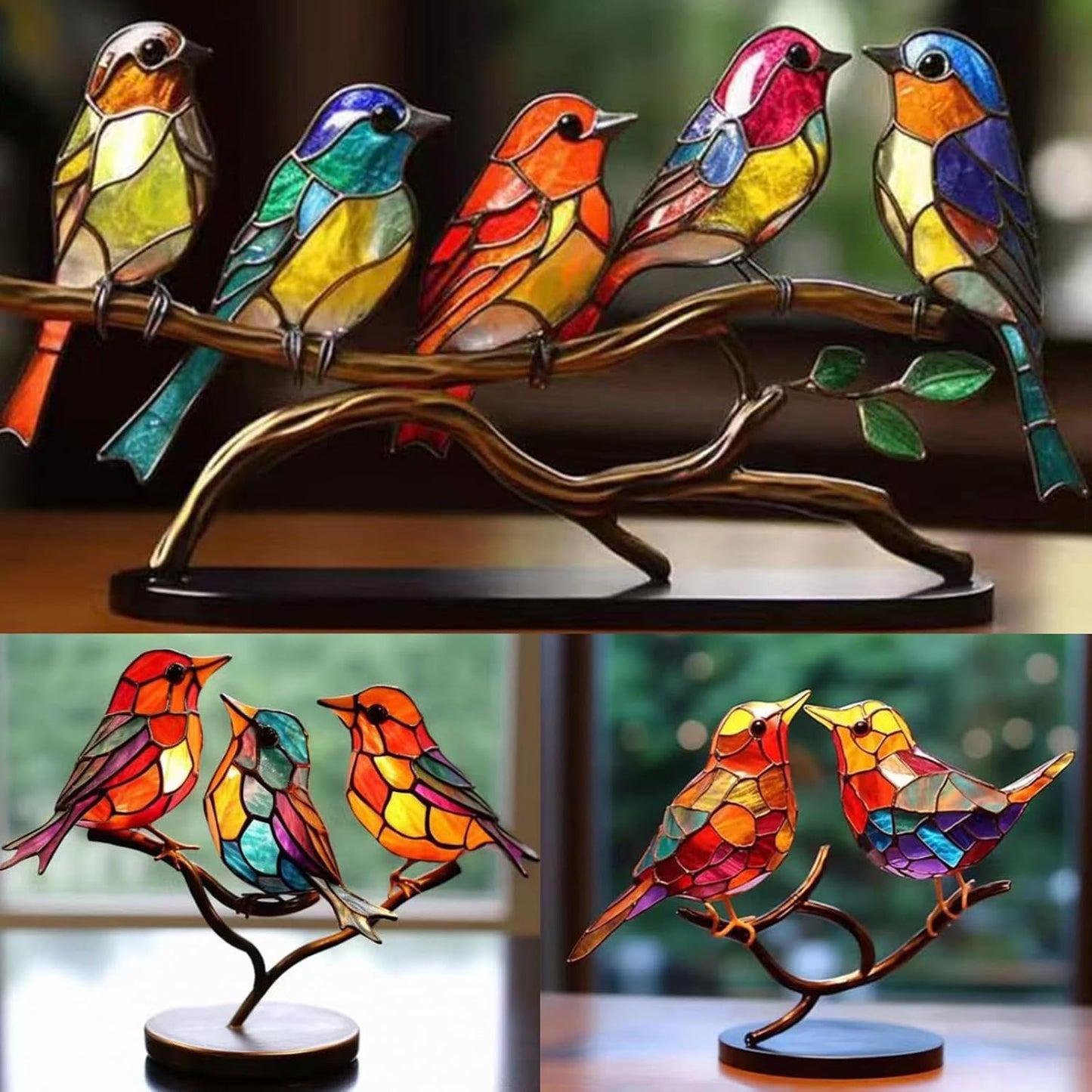 3Birds on a Branch, Metal Desktop Decorations, Home Bird Decorations for Office, Window, Aviary, Garden, Gifts for Bird Lovers, Boxed Set.