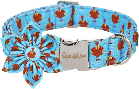 Unique style paws Thanksgiving Dog Collar with Flower Tie Autumn Turkey Theme Puppy Collar for Small Medium Large Dogs-XS