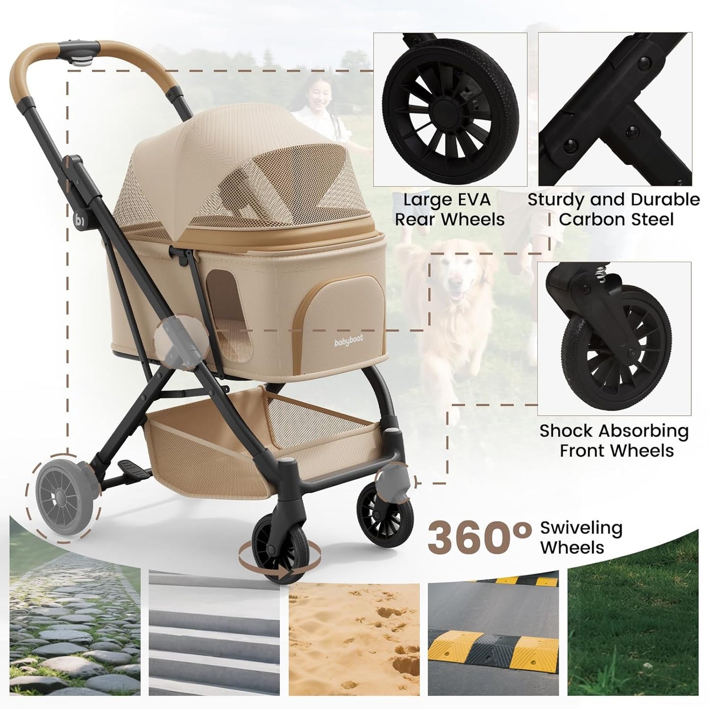 Lightweight Dog Stroller Portable Compact Folded Pet Stroller for Small/Medium Dogs & Cats Up to 35lbs One Click Folding Large Cat Carriage with Adjustable Canopy Storage Basket- Khaki