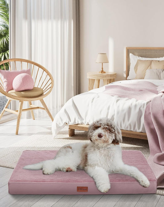 OhGeni Orthopedic Waterproof & Machine Washable Dog Bed for Medium Large Pets, Suitable for Crates, 25D Egg Crate Foam, Non-Slip Bottom & Removable Cover, Invisible Zipper, 35 Inches(Pink)