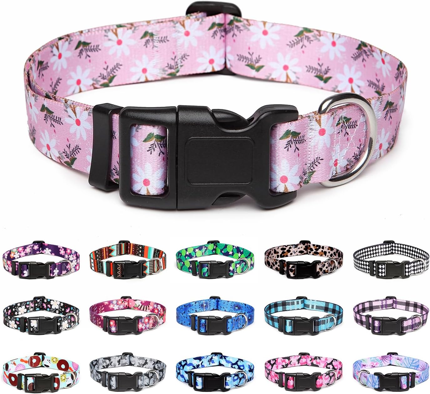 Mercano Adjustable Dog Collar - Special Design Patterns, Soft Nylon Comfortable Durable Pet Collar for Small Medium Large Dogs (L, Pink White Flower)