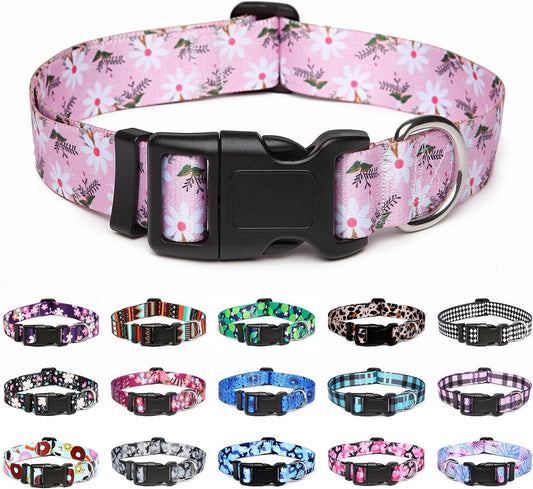 Mercano Adjustable Dog Collar - Special Design Patterns, Soft Nylon Comfortable Durable Pet Collar for Small Medium Large Dogs (S, Pink White Flower)