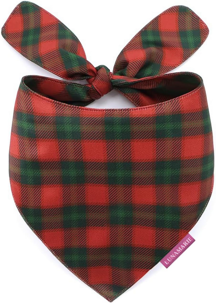 LunaMarie - Luxury Pet Birthday Bandanas -Premium & Silky Poly Fabric | 100% Handmade | Custom Shape Dual Layered (Jingle Plaid, Large)