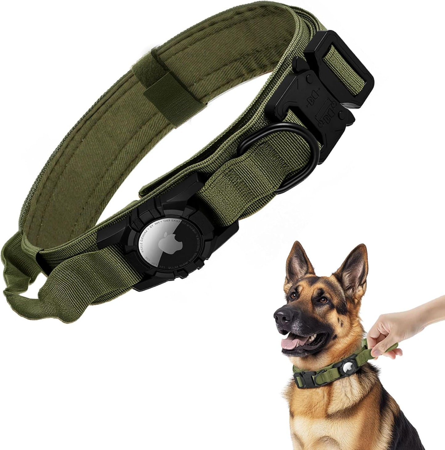 Tactical AirTag Dog Collar - Heavy Duty, Adjustable GPS Collar Compatible with Apple AirTag, with Holder & Control Handle for Medium/Large Dogs [ Green, XL ]