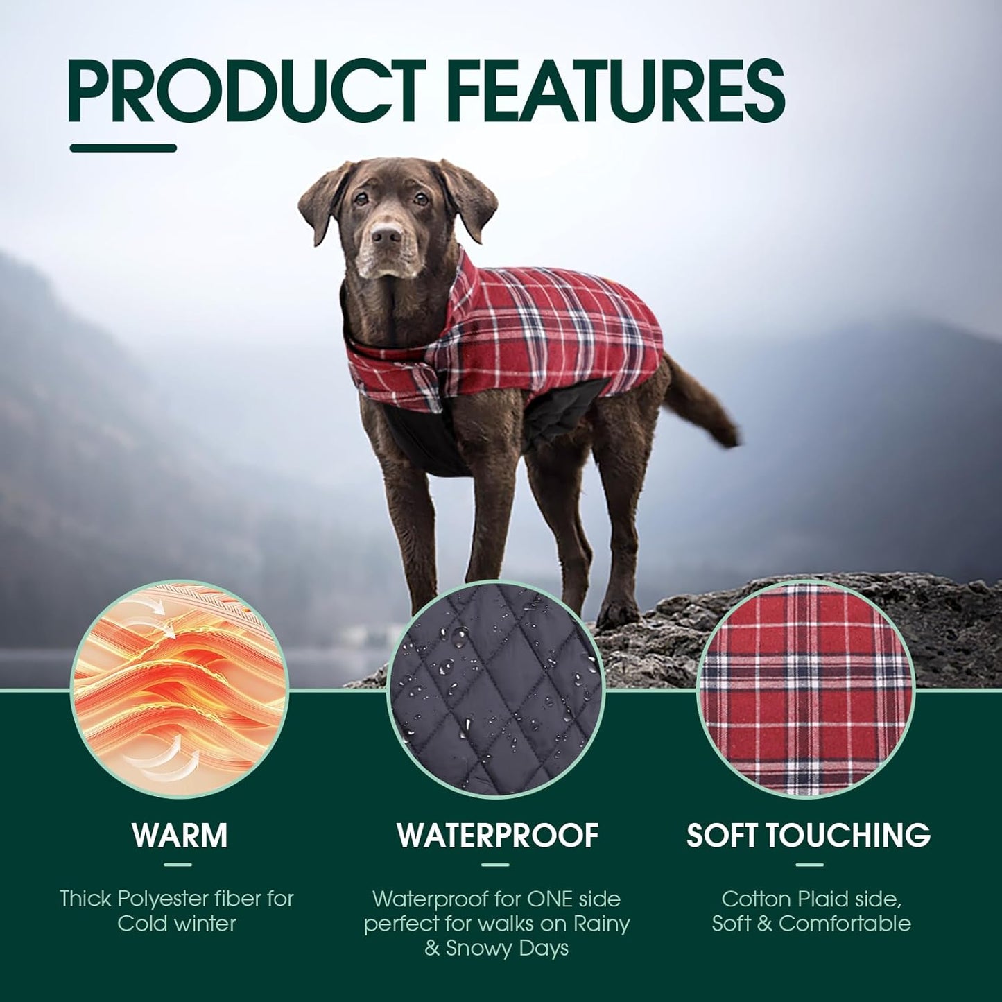 Kuoser Warm Dog Coat, Waterproof Dog Jacket for Extra Large Dogs, Adjustable Durable XXXL Doggie Winter Coat Reversible Puppy Cold Weather Apparel for Large Breed, Red 3XL