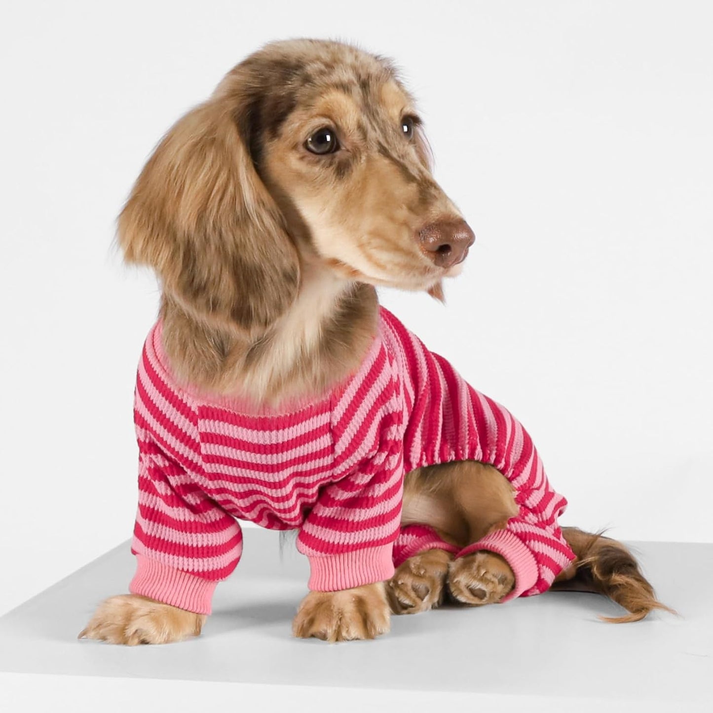 Fitwarm Pink and Red Striped Dog Pajamas, Waffle Dog Clothes for Small Dogs Girl Boy, Puppy Onesie with Feet, Pet Cat Outfit, Small