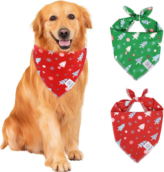 E-Clover Christmas Dog Bandanas Winter Scarf for Dog Boy Girl Christmas Tree Costumes Accessories for Medium Large Dogs Green Red