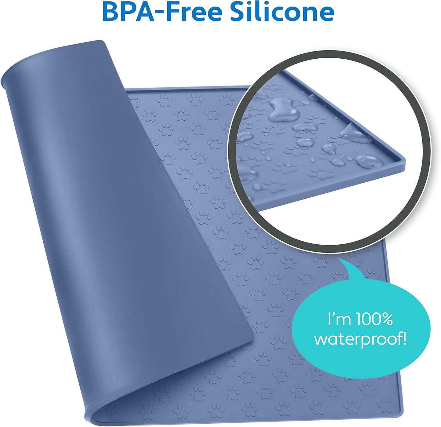 MIGHTY MONKEY 100% Waterproof Dog Food Mat, Raised Edges Silicone Pet Feeding Placemat for Cat, Dogs, Pet Bowls, High Lipped Tray Prevents Water Spills, Food on Floor, Dishwasher Safe, 24x16, Lt Blue