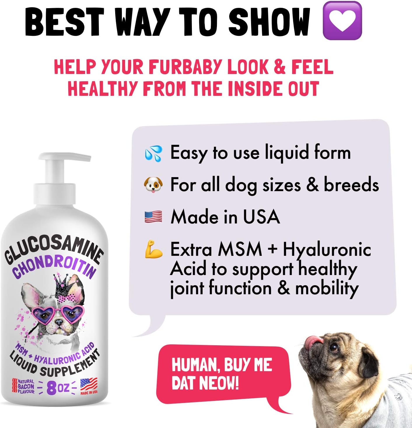 Liquid Glucosamine for Dogs Bacon Flavour with Chondroitin, MSM & Hyaluronic Acid K9 Supplement Hip and Joint Formula Advanced Mobility Joint Pain Relief Senior Advanced Supplement for All Breeds