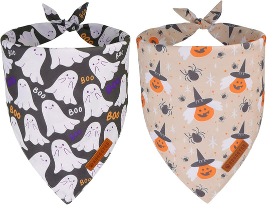ADOGGYGO Halloween Dog Bandanas, Ghost Pumpkin Witch Scarf, Multi Size, Black Orange Halloween Bandanas for Medium Large Dogs Pets (Large)