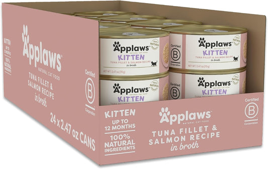 Applaws Natural Wet Kitten Food in Broth, Limited Ingredient Canned Wet Kitten Food, No Additives, Made with Natural Ingredients, Tuna Fillet & Salmon in Broth (24 x 2.47oz Cans)