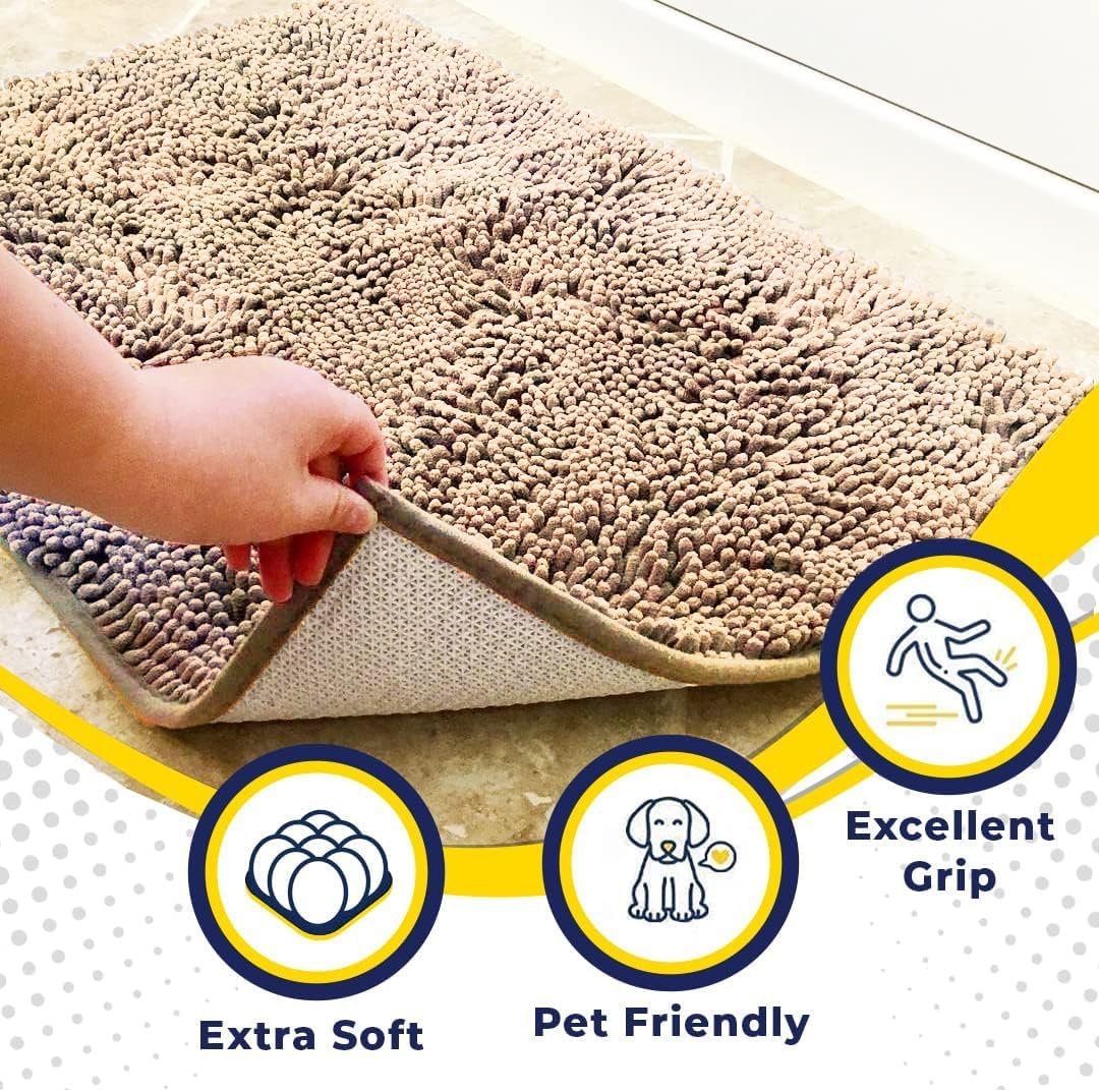 Muddy Mat® AS-SEEN-ON-TV Highly Absorbent Microfiber Door Mat and Pet Rug, Non Slip Thick Washable Area and Bath Mat Soft Chenille for Kitchen Bathroom Bedroom Indoor and Outdoor - Beige 5ft x 7ft