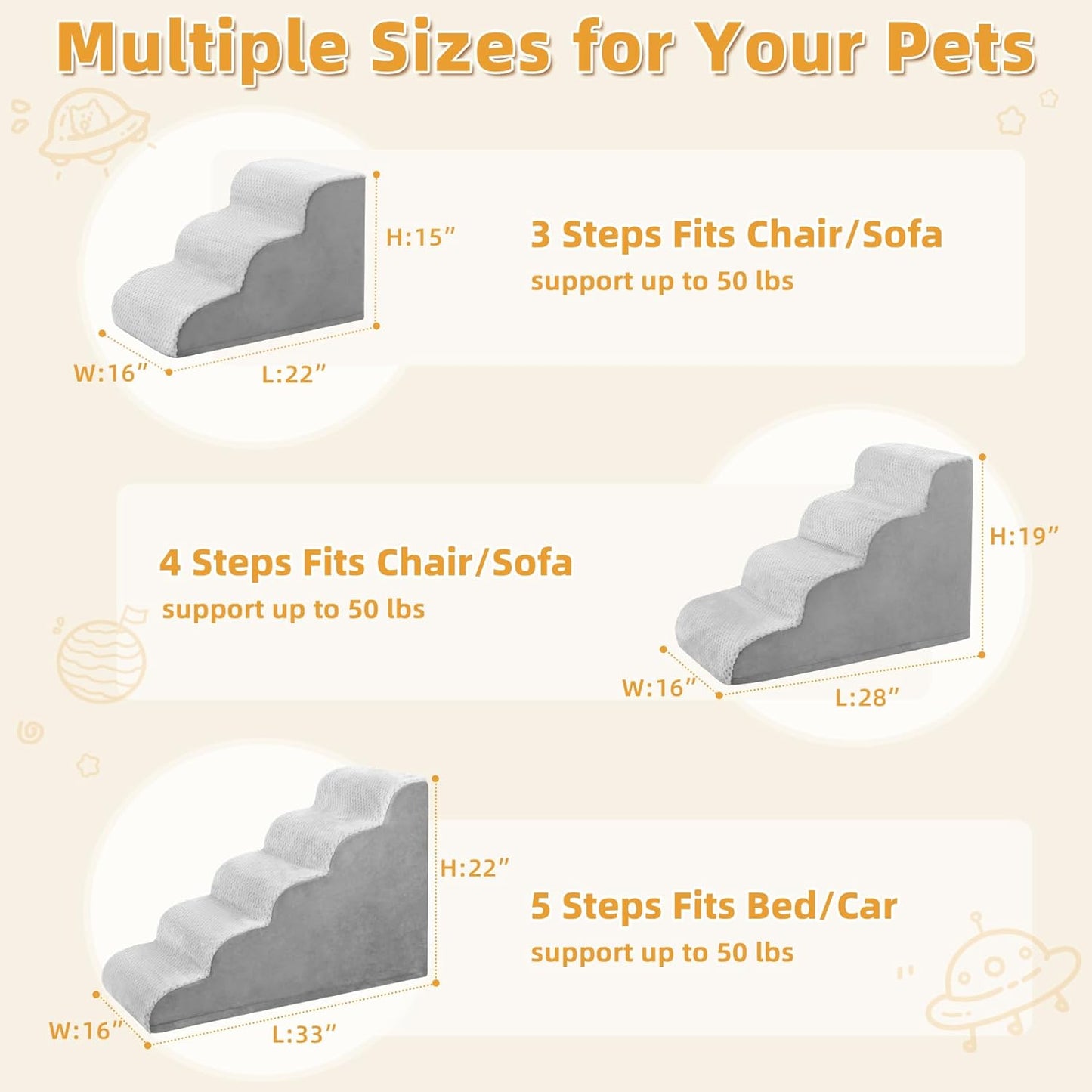 MIHIKK Dog Stairs Ramp, Curved 4-Step Dog Steps for Small Dogs and Cats, Pet Stairs for High Beds and Couch with Anti-Slip Washable Cover and Durable High Density Foam, Grey