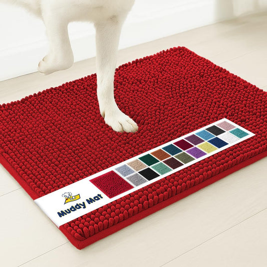 Muddy Mat® AS-SEEN-ON-TV Highly Absorbent Microfiber Door Mat and Pet Rug, Non Slip Thick Washable Area and Bath Mat Soft Chenille for Kitchen Bathroom Bedroom Indoor and Outdoor - Red 24" x 72"