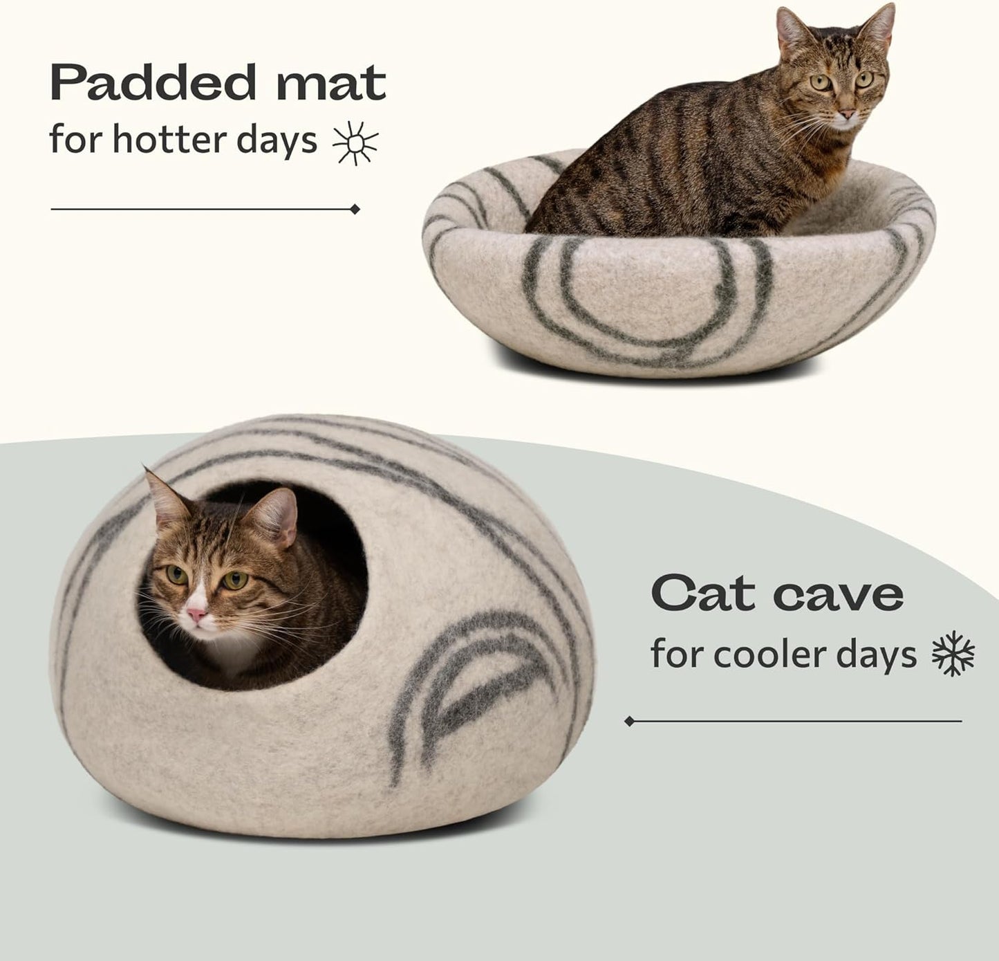 MEOWFIA Cat Cave – Premium Felt Cat Bed for Indoor Cats, Handmade 100% Merino Wool (Light Grey, Large)