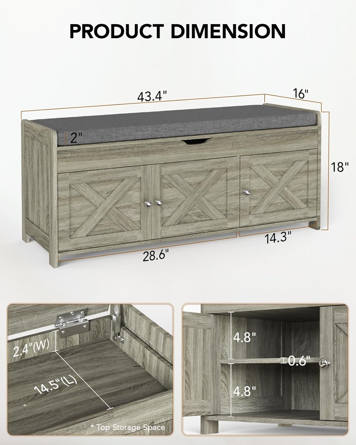 Amada Shoe Bench, Entryway Bench with Cushioned Seat & Lift Top Storage, 3 Doors, Adjustable Shelf, 300 lbs Capacity, Storage Bench with Shoe Rack for Entryway, Bedroom, Living Room, Gray