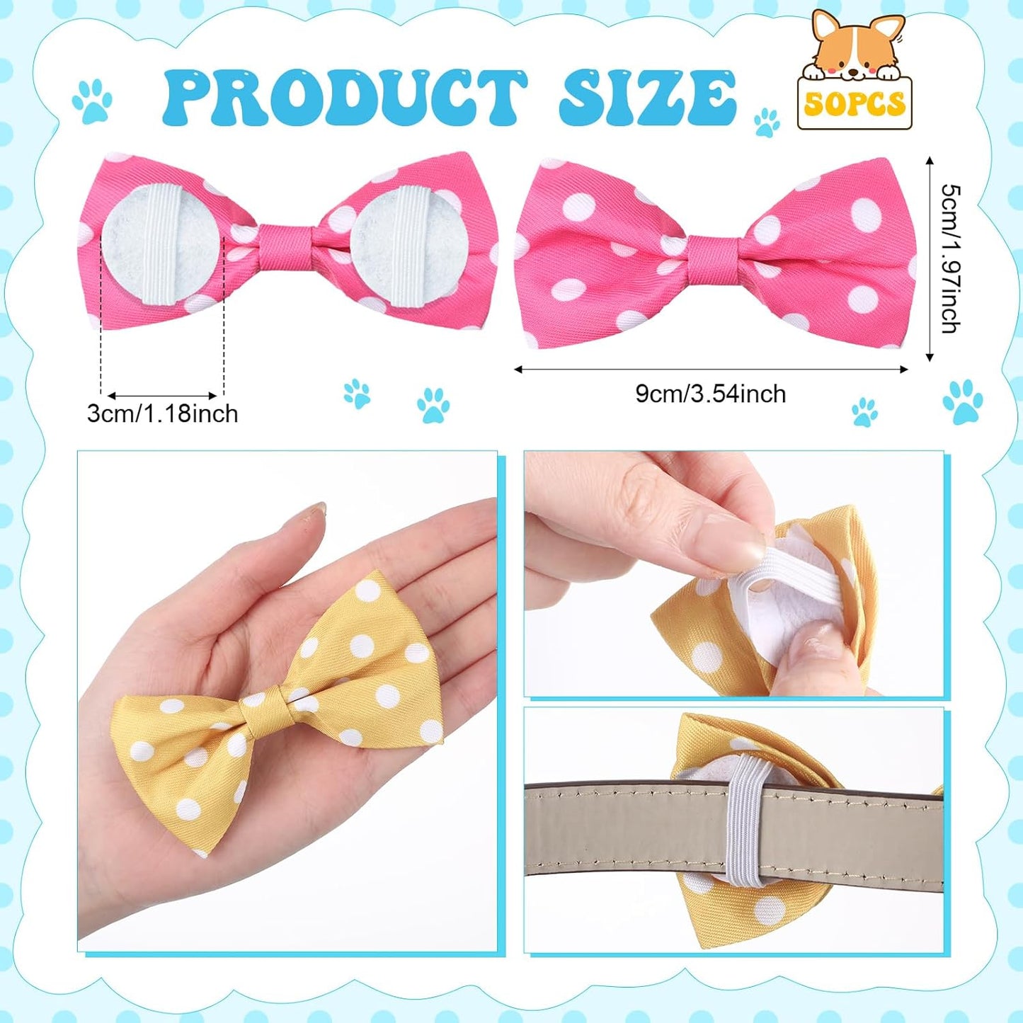 Reginary 50 Pieces Dog Bow Ties Pet Collar Bow Puppy Collar Attachment with Rubber Bands for Small Medium Cat Pet Grooming Charms Accessories Wedding Birthday Occasion (Polka Dot Style)