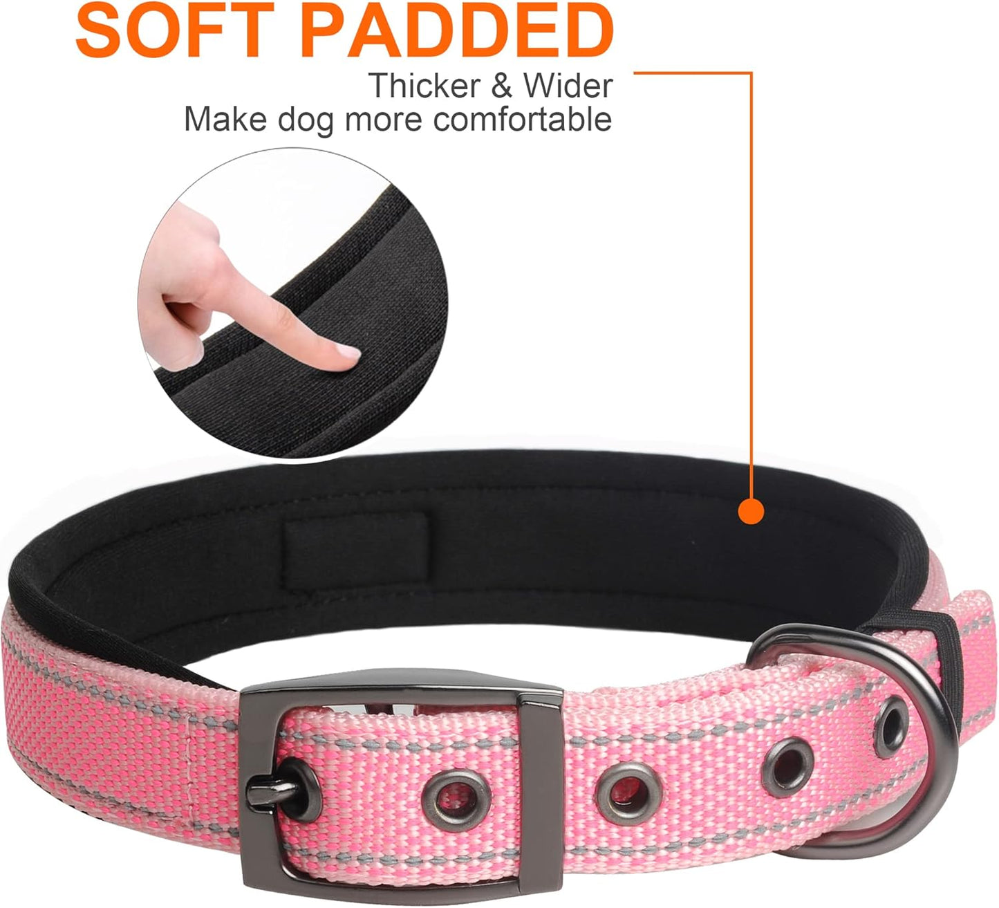 Fida Heavy Duty Dog Collar, Ultra Comfortable Soft Neoprene Padded, Adjustable Reflective Nylon Pet Collar with Durable Metal Belt Buckle for Medium Breeds (M, Pink)