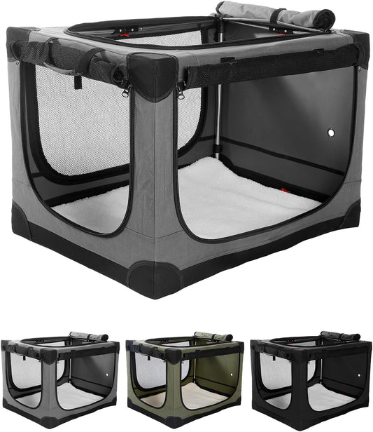 36 Inch Collapsible Travel Dog Crate for Medium Large Dogs, Portable Dog Crate 4-Door Foldable Soft Kennel with Durable Mesh Windows for Indoor & Outdoor Travel, with Storage Bag,Grey