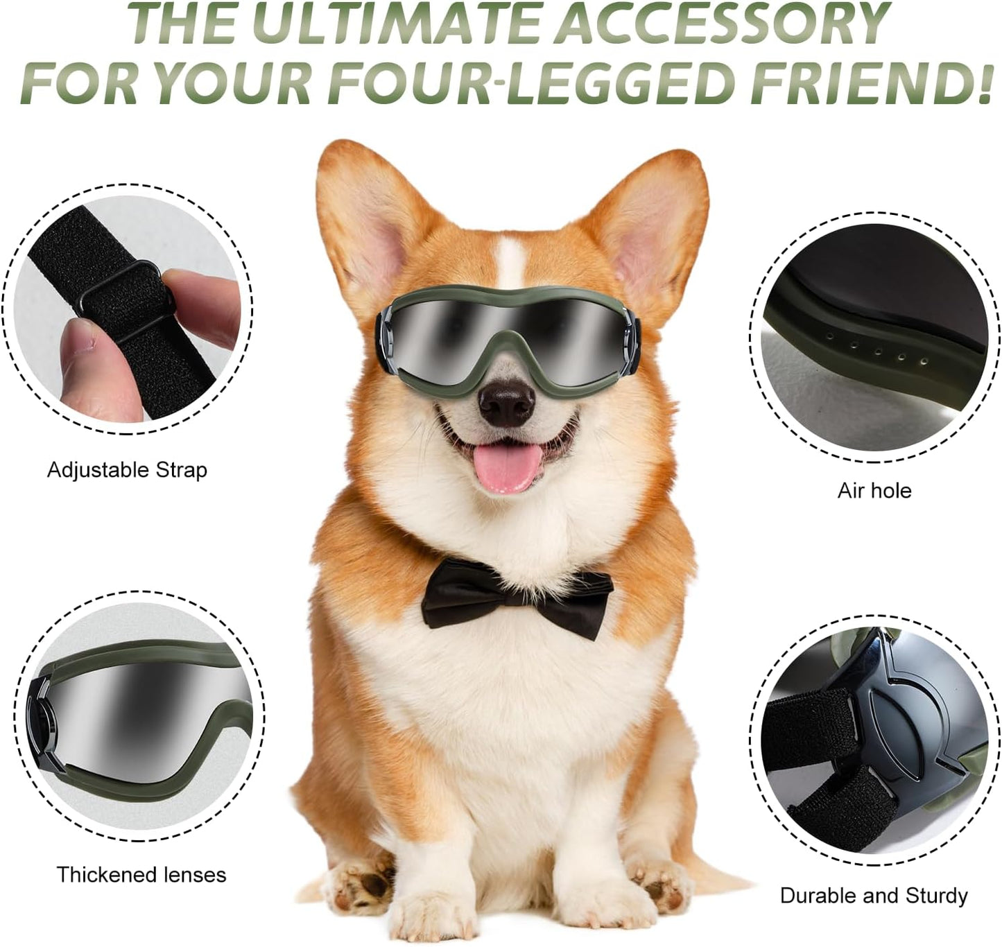 NVTED Dog Sunglasses Goggles, UV Wind Dust Fog Protection Pet Glasses Eye Wear Protection with Adjustable Strap for Medium or Large Dog (Green)