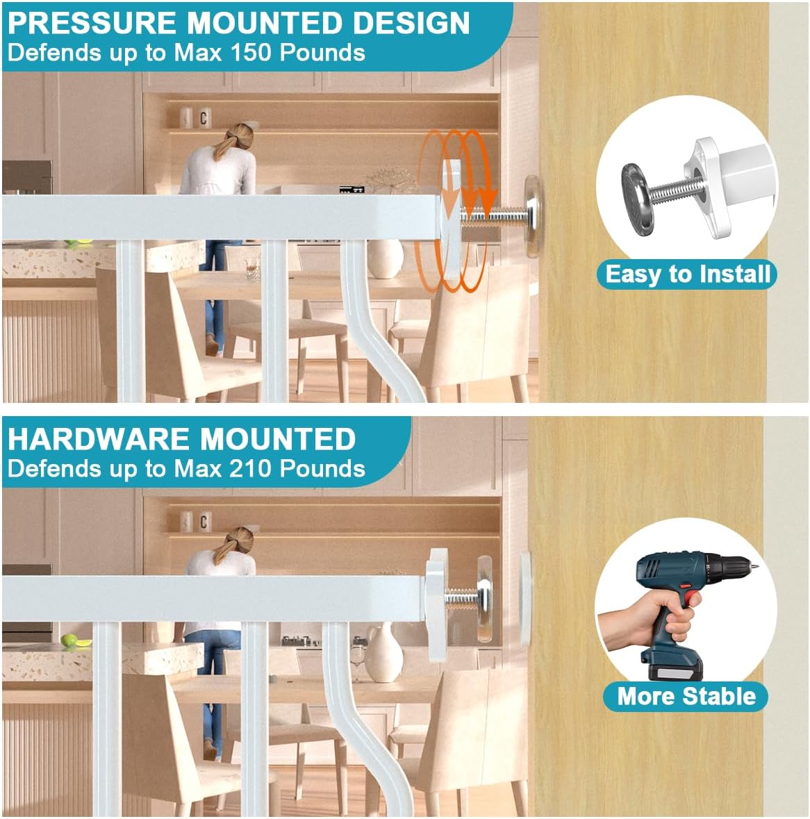 29.9-33.4 in Wide Baby Gate for Stairs Doorways, Auto Close Child Safety Gates Indoor for Dogs Pets, Pressure Mounted Metal Barrier Kids Toddler Door Walk Through, 30" Tall, White