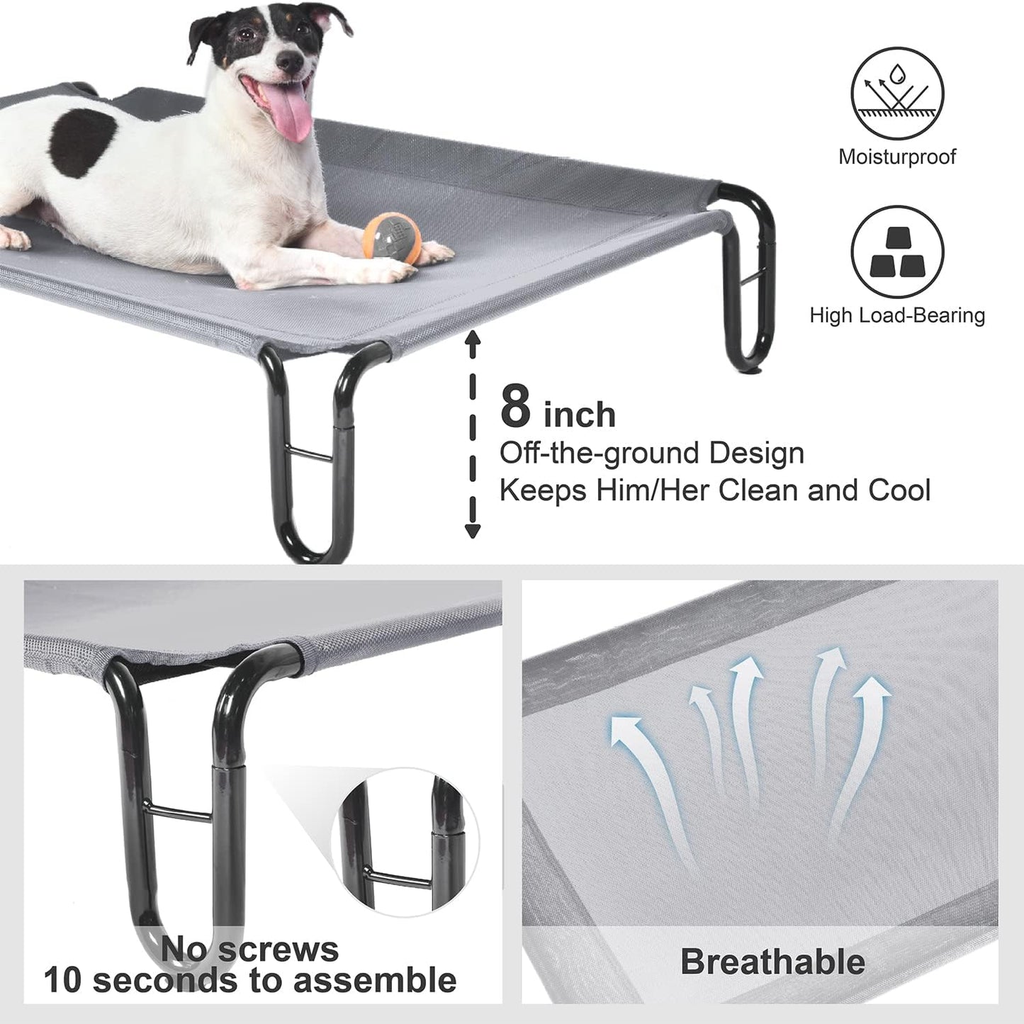 Pettycare Elevated Outdoor Dog Bed - Medium Dog Cot, Waterproof, Cooling, Non Slip, Up to 40 lbs, Grey