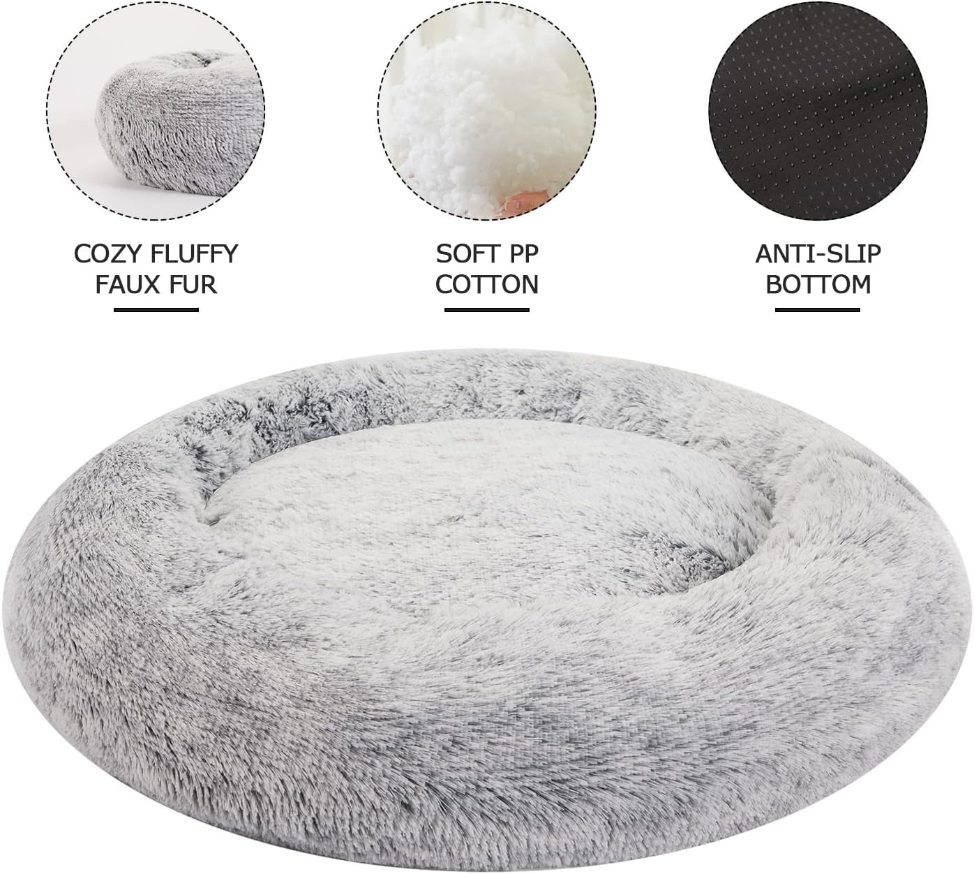 Bedfolks Calming Donut Dog Bed for Extra Large Dogs, 45 Inch Round Plush Bed with Non-Slip Bottom (Dark Grey, Extra Large)
