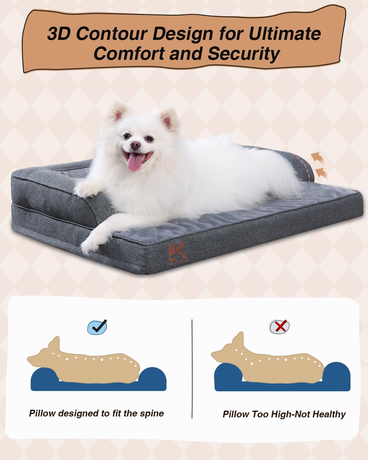 KSIIA Orthopedic Dog Bed for Small Dogs，Washable Pet Sofa with U-Shaped Bolster Removable Waterproof Cover Non-Slip Bottom and Egg-Crate Orthopedic Foam Pet Couch Bed, 29 x 18 Inch, Dark Gray