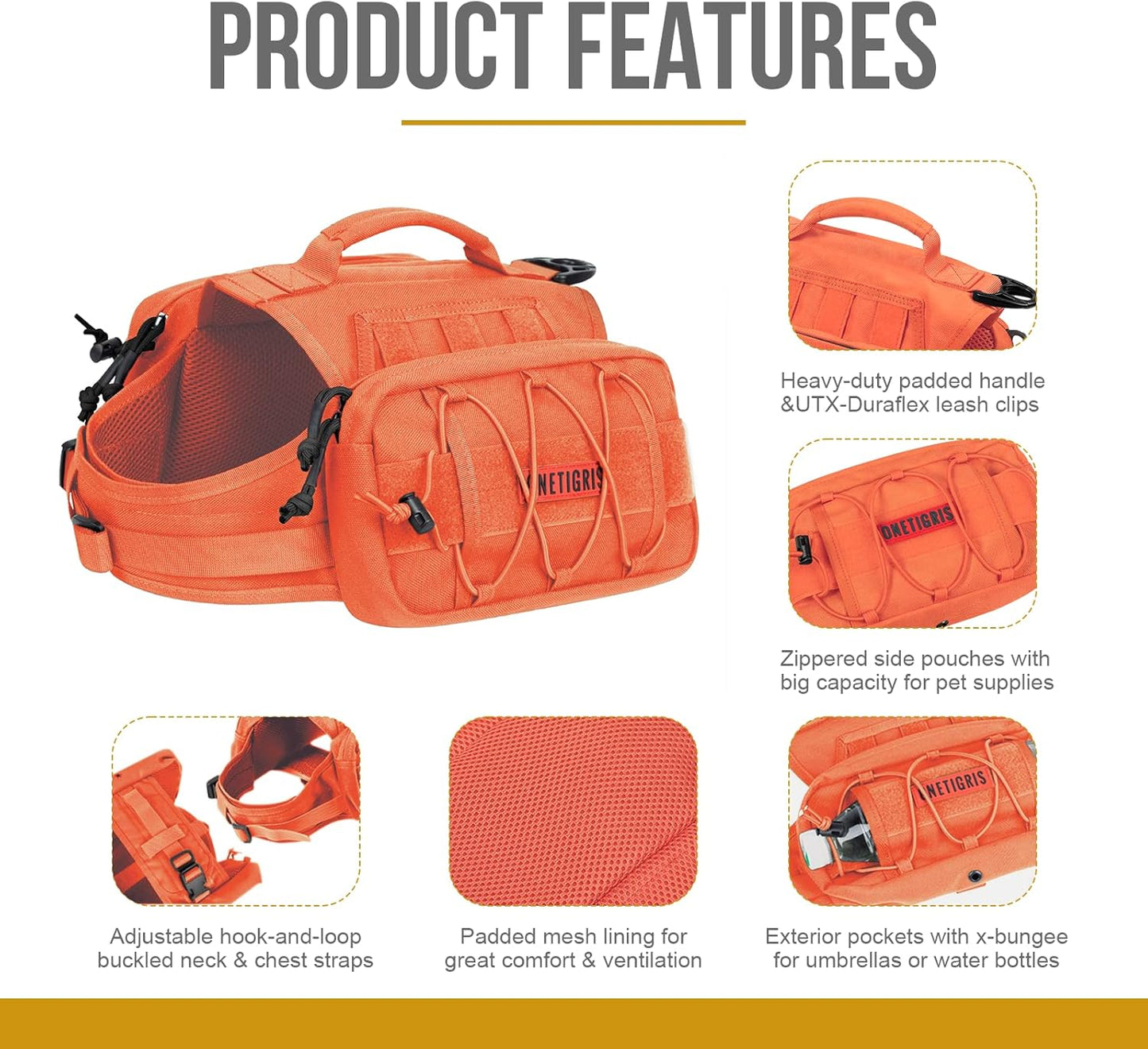 OneTigris Dog Backpack for Medium & Large Dogs, Mammoth Nylon Dog Pack Tactical Backpack Harness with Side Pockets for Hiking Walking Training Running