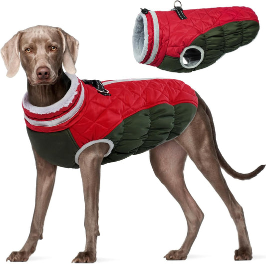 FUAMEY Dog Coat for Large Dogs,Waterproof Dog Winter Jacket with Harness Built in Puppy Cold Weather Coats Reflective Pet Vest with Zipper Warm Fleece Dogs Snowsuit Windproof Christmas XL