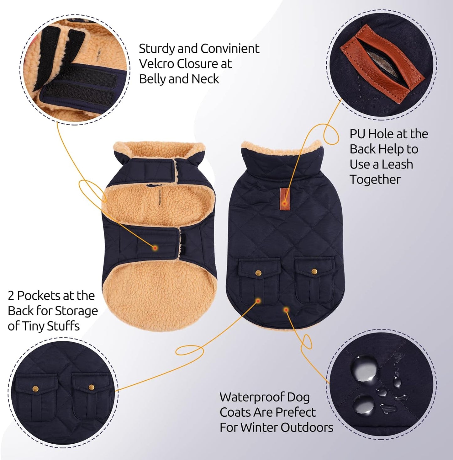 Queenmore Warm Dog Coat, Cold Weather Puffer Dog Jacket with Ultra Thick Plush Lining, Storage Pockets (Dark Navy, Medium)