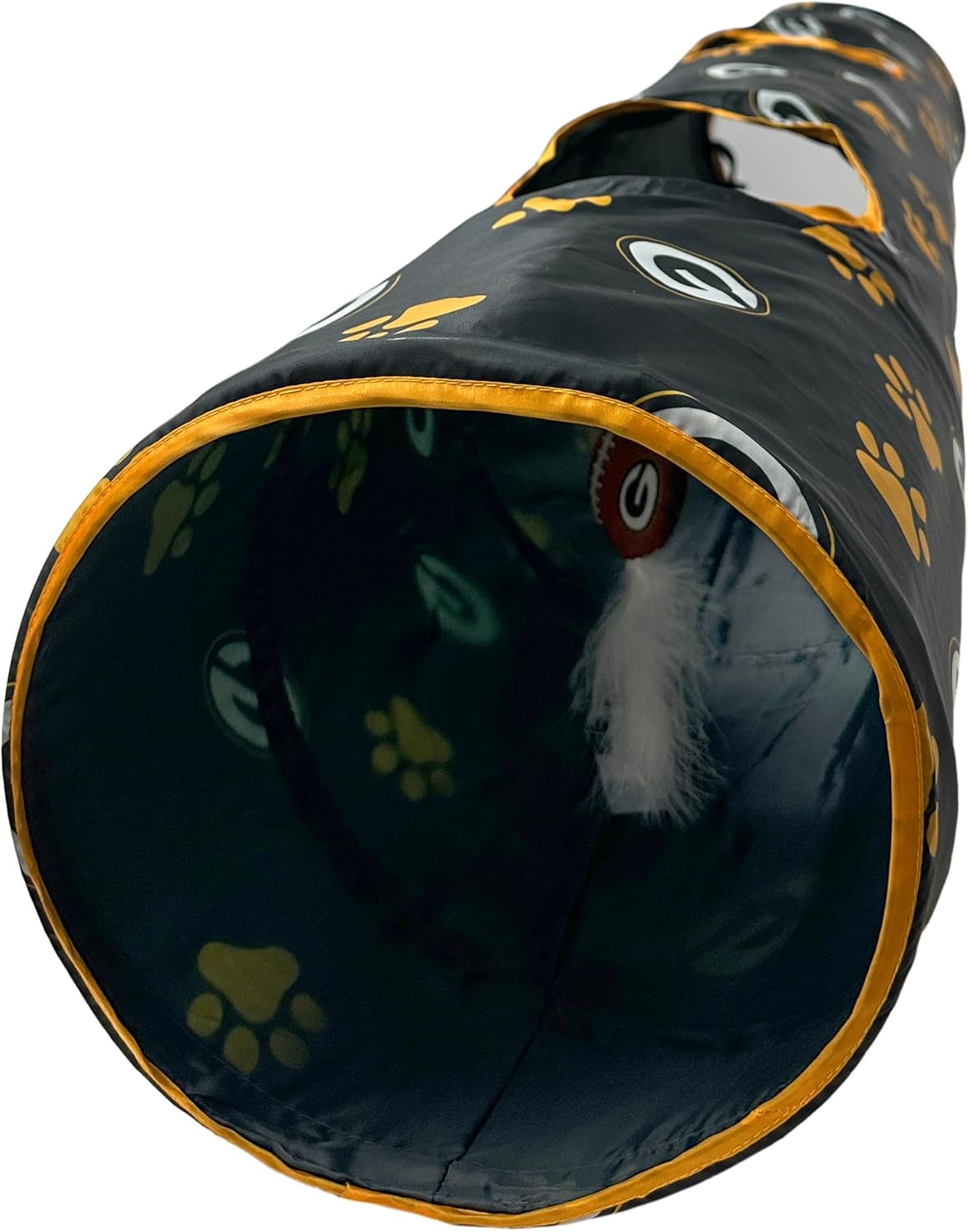 NFL Green Bay Packers Cat Tunnel Tube Toy with Plush Football Catnip and Feathers Collapsible Tunnel for Cats to Play, Peek and Hide, Sporty & Fun Cat Tunnel Toy with Team Logo All-Over Design!