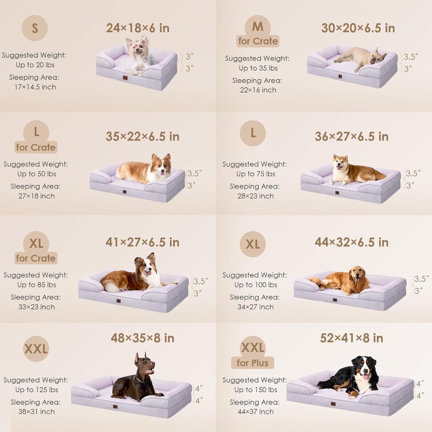 EHEYCIGA Orthopedic Dog Beds for Extra Large Dogs 44x32Inch, Waterproof Memory Foam XL Pet Bed with Sides, Non-Slip and Egg-Crate Foam Big Dog Couch Bed with Washable Removable Cover, Lilac