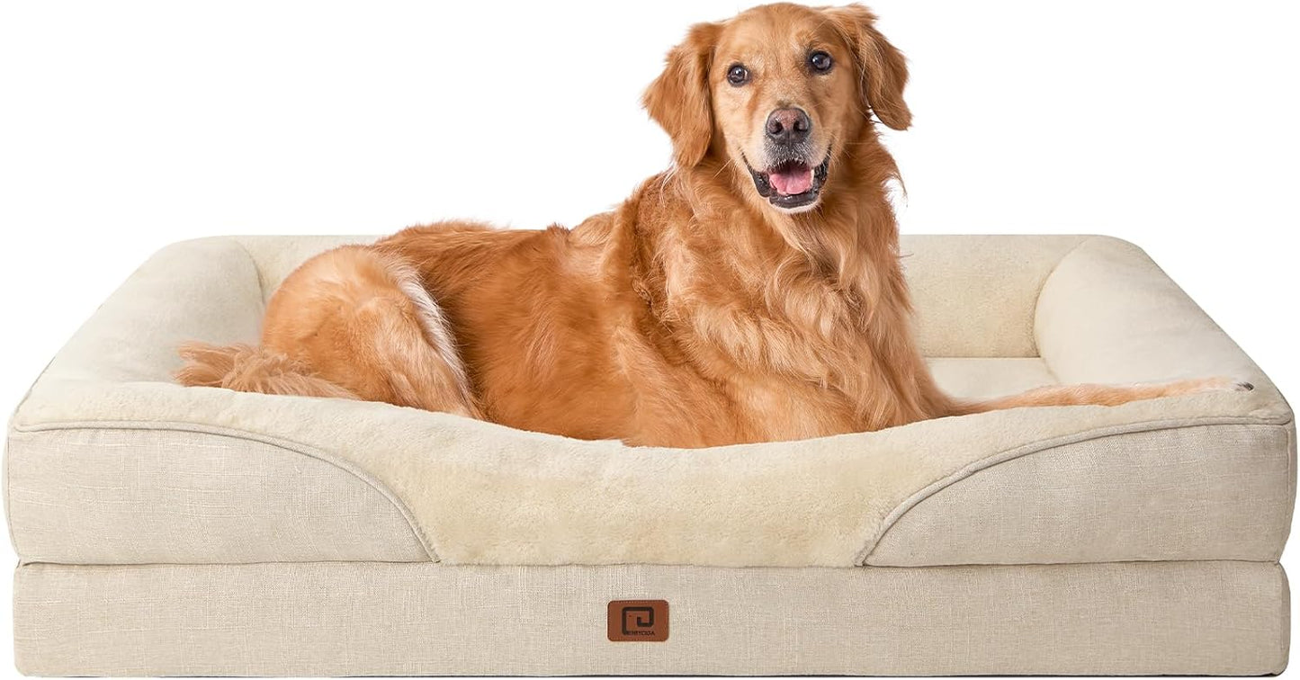 EHEYCIGA Memory Foam XL Dog Bed for XLarge Sized, Extra Large Orthopedic Dog Sofa with Sides and Waterproof Liner, Washable Bolster Pet Bed Couch with Removable Cover, 42x30x7.5 Inch, Beige