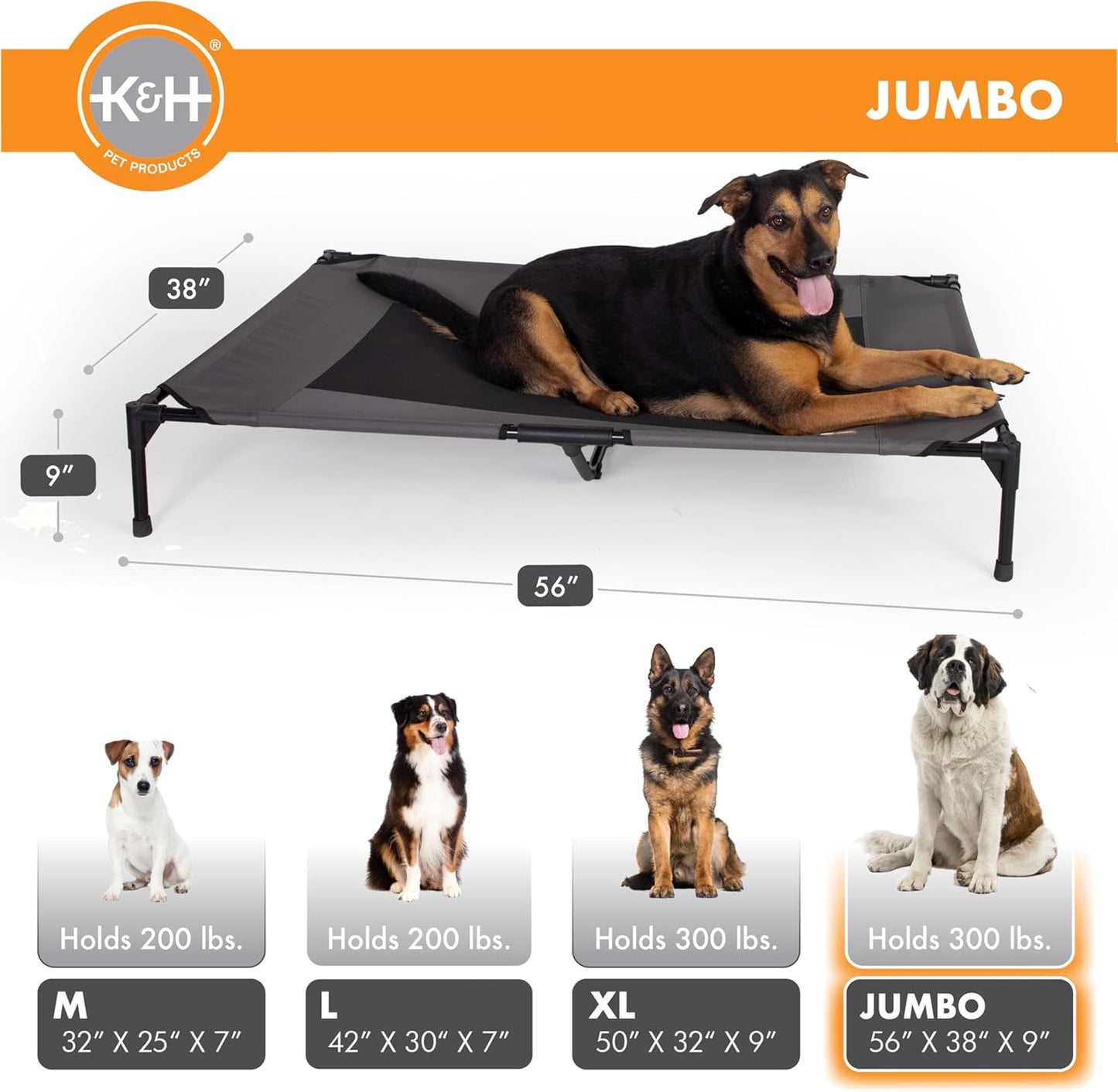 K&H Pet Products Outdoor Elevated Dog Cot, Breathable Cooling Elevated Cot Hammock Pet Bed for XL Dogs, Washable Mesh Cover, Raised Metal Frame, Collapsible, Portable - Jumbo 56 X 38in Charcoal