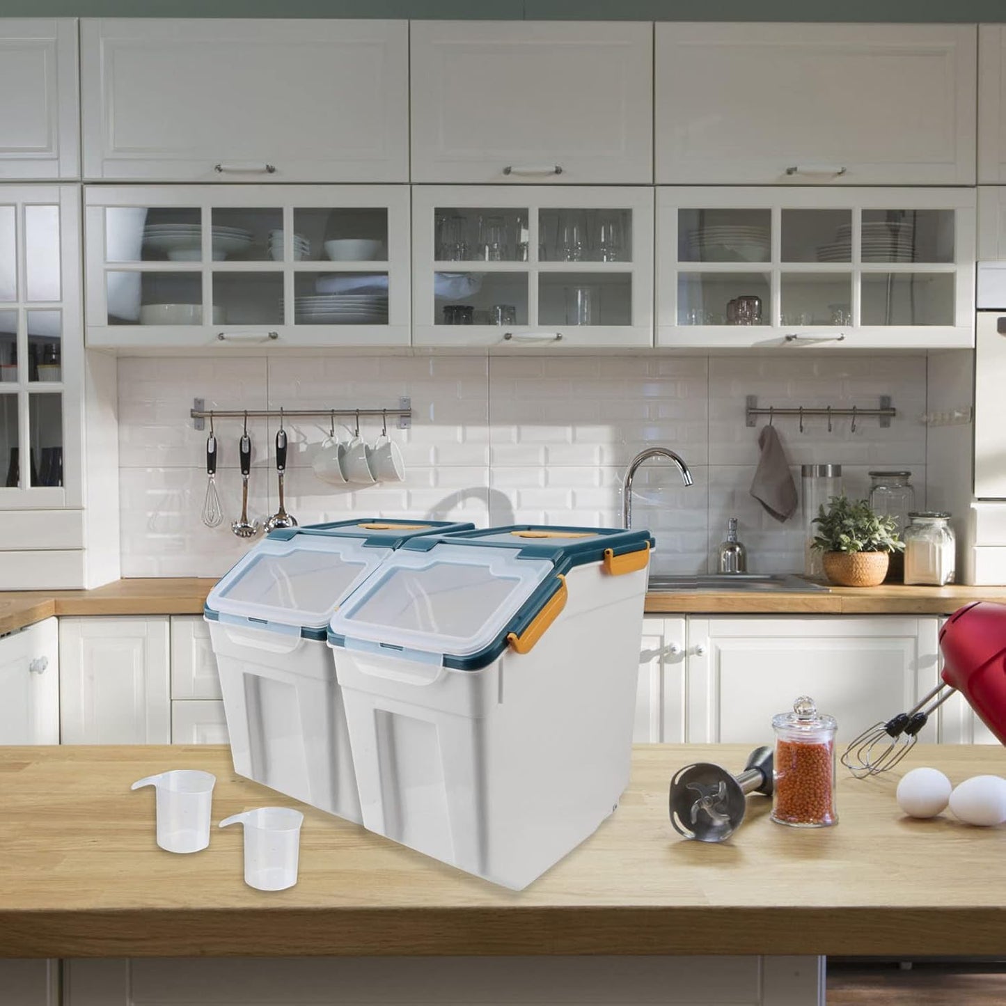 AnRui Large Flour Storage Containers 25Lbs Airtight Rice Storage Container BPA Free Kitchen Pantry Food Storage Bin Sugar Snack Cereal Grain Organizer Box with Wheel, Scoop, 4Pack, Blue